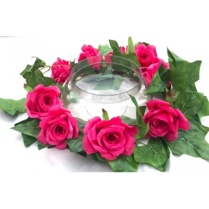 Silk Polyester Artificial Big Dark Pink Rose Vine Flowers With Green Leaves For Wall Decoration (Color: Pink,Length: 7.5 Feet) - Image 3