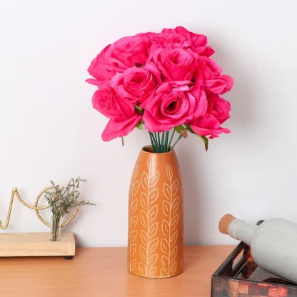 Silk Polyester Artificial Rose Flowers Bunch Bouquet Of 12 Roses For Home Decoration (Color: Pink,Length: 17 Inches) - Image 2