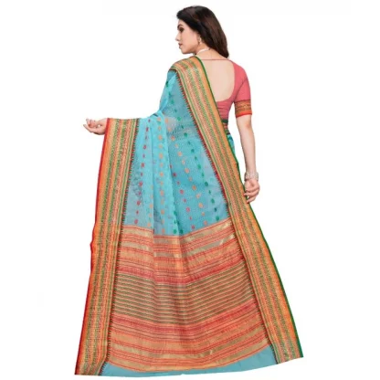 Generic Women's Kota Doria Cotton Woven Butta Saree With Blouse (Sky Blue, 5-6 Mtrs) - Image 2