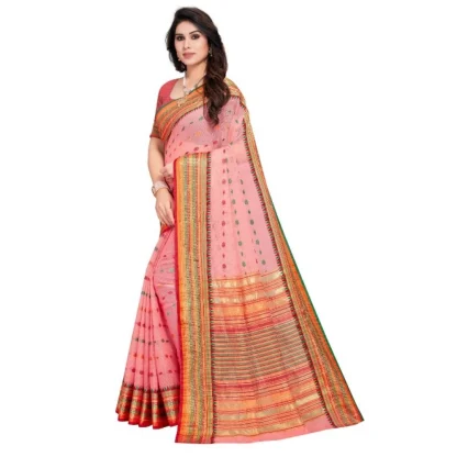 Generic Women's Kota Doria Cotton Woven Butta Saree With Blouse (Pink, 5-6 Mtrs) - Image 2