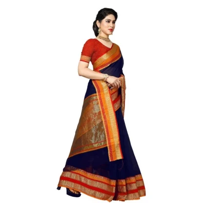 Generic Women's Kota Doria Cotton Border Saree With Blouse (Navy Blue, 5-6 Mtrs) - Image 2