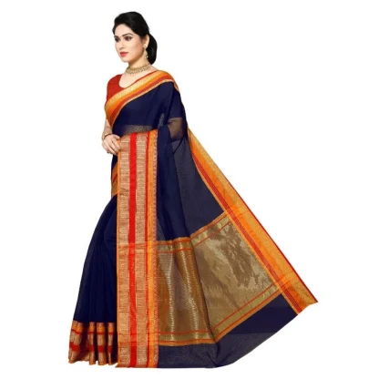 Generic Women's Kota Doria Cotton Border Saree With Blouse (Navy Blue, 5-6 Mtrs) - Image 3