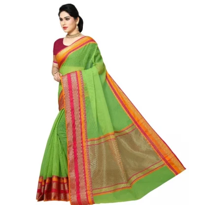 Generic Women's Kota Doria Cotton Border Saree With Blouse (Light Green, 5-6 Mtrs) - Image 2