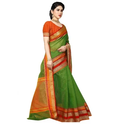 Generic Women's Kota Doria Cotton Border Saree With Blouse (Green, 5-6 Mtrs) - Image 3