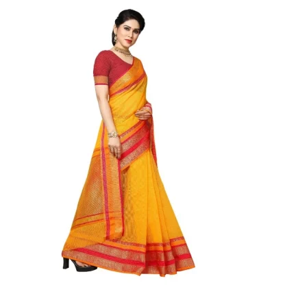 Generic Women's Kota Doria Cotton Border Saree With Blouse (Gold, 5-6 Mtrs) - Image 3