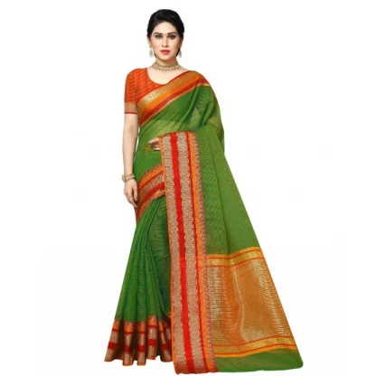 Generic Women's Kota Doria Cotton Border Saree With Blouse (Green, 5-6 Mtrs)