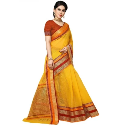 Generic Women's Kota Doria Cotton Border Saree With Blouse (Yellow, 5-6 Mtrs) - Image 3