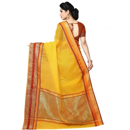 Generic Women's Kota Doria Cotton Border Saree With Blouse (Yellow, 5-6 Mtrs) - Image 4