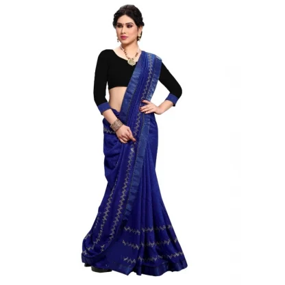 Generic Women's Vichitra Silk HotFix Stone Work Saree With Blouse (Blue, 5-6 Mtrs) - Image 5