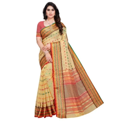 Generic Women's Kota Doria Cotton Woven Butta Saree With Blouse (Beige, 5-6 Mtrs)