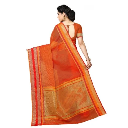 Generic Women's Kota Doria Cotton Border Saree With Blouse (Orange, 5-6 Mtrs) - Image 4