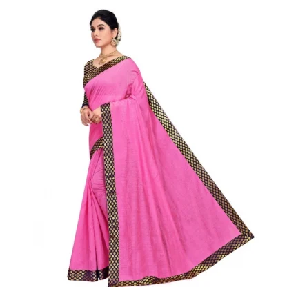 Generic Women's Chanderi Cotton Lace Border Saree With Blouse (Pink, 5-6 Mtrs) - Image 2