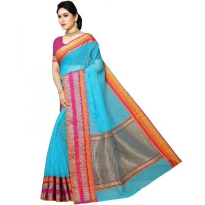 Generic Women's Kota Doria Cotton Border Saree With Blouse (Sky Blue, 5-6 Mtrs) - Image 2