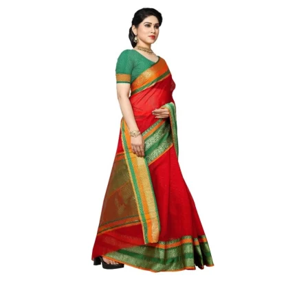 Generic Women's Kota Doria Cotton Border Saree With Blouse (Red, 5-6 Mtrs) - Image 3