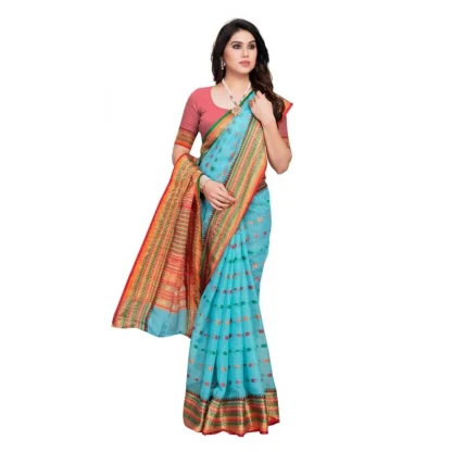 Generic Women's Kota Doria Cotton Woven Butta Saree With Blouse (Sky Blue, 5-6 Mtrs) - Image 3