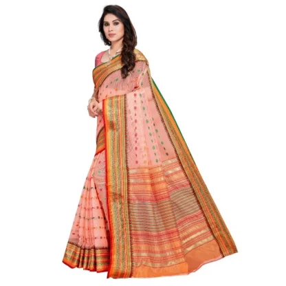 Generic Women's Kota Doria Cotton Woven Butta Saree With Blouse (Peach, 5-6 Mtrs) - Image 2