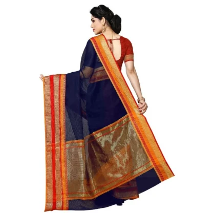 Generic Women's Kota Doria Cotton Border Saree With Blouse (Navy Blue, 5-6 Mtrs) - Image 4