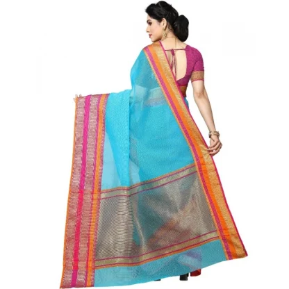 Generic Women's Kota Doria Cotton Border Saree With Blouse (Sky Blue, 5-6 Mtrs) - Image 4