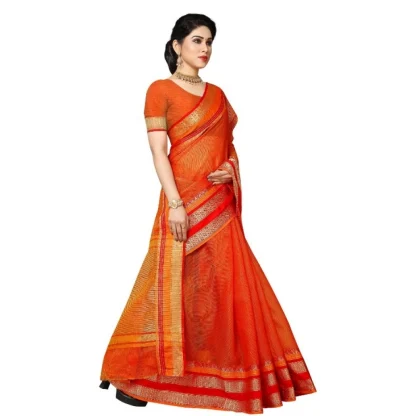 Generic Women's Kota Doria Cotton Border Saree With Blouse (Orange, 5-6 Mtrs) - Image 3