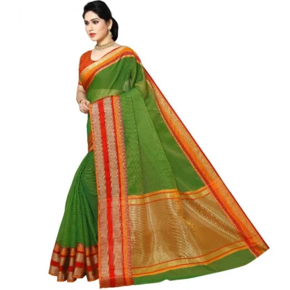 Generic Women's Kota Doria Cotton Border Saree With Blouse (Green, 5-6 Mtrs) - Image 2