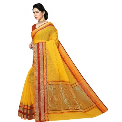 Generic Women's Kota Doria Cotton Border Saree With Blouse (Yellow, 5-6 Mtrs) - Image 2