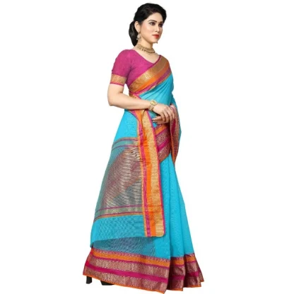 Generic Women's Kota Doria Cotton Border Saree With Blouse (Sky Blue, 5-6 Mtrs) - Image 3