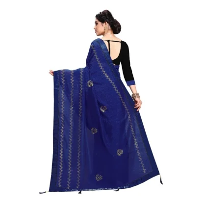 Generic Women's Vichitra Silk HotFix Stone Work Saree With Blouse (Blue, 5-6 Mtrs) - Image 2