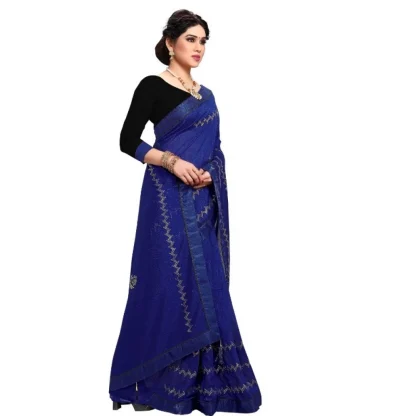 Generic Women's Vichitra Silk HotFix Stone Work Saree With Blouse (Blue, 5-6 Mtrs) - Image 3