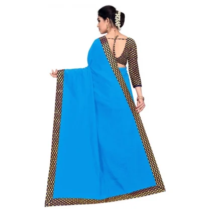 Generic Women's Chanderi Cotton Lace Border Saree With Blouse (Sky Blue, 5-6 Mtrs) - Image 4