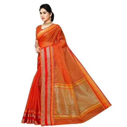 Generic Women's Kota Doria Cotton Border Saree With Blouse (Orange, 5-6 Mtrs) - Image 2