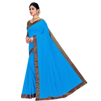 Generic Women's Chanderi Cotton Lace Border Saree With Blouse (Sky Blue, 5-6 Mtrs) - Image 3