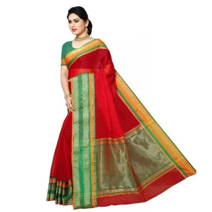 Generic Women's Kota Doria Cotton Border Saree With Blouse (Red, 5-6 Mtrs) - Image 2