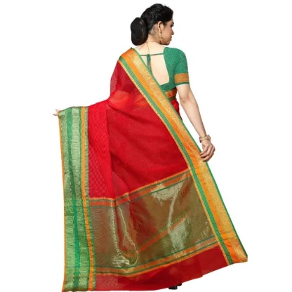 Generic Women's Kota Doria Cotton Border Saree With Blouse (Red, 5-6 Mtrs) - Image 4