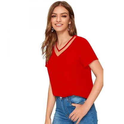 Women's Polyester, Knitting Western Wear T-Shirt (Red) - Image 2