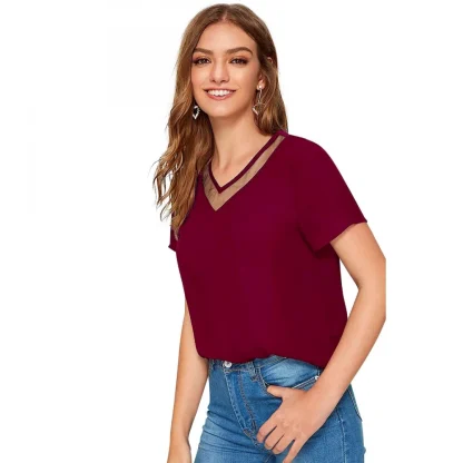 Women's Polyester, Knitting Western Wear T-Shirt (Maroon) - Image 2