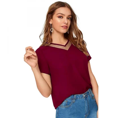 Women's Polyester, Knitting Western Wear T-Shirt (Maroon) - Image 4