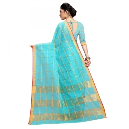 Generic Women's Kota Doria Cotton Checked Saree With Blouse (Sky Blue, 5-6 Mtrs) - Image 2