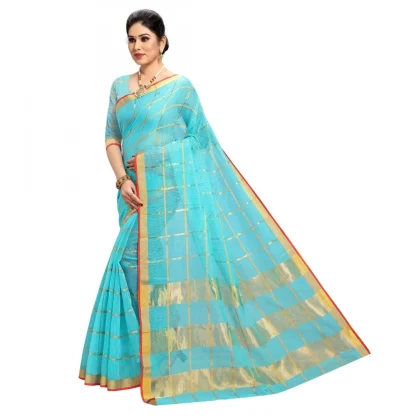 Generic Women's Kota Doria Cotton Checked Saree With Blouse (Sky Blue, 5-6 Mtrs) - Image 4