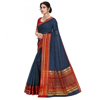 Generic Women's Kota Doria Cotton Bordered Saree With Blouse (Navy Blue, 5-6 Mtrs) - Image 3