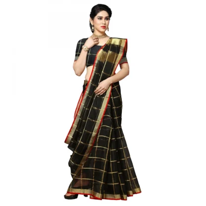 Generic Women's Kota Doria Cotton Checked Saree With Blouse (Black, 5-6 Mtrs) - Image 3