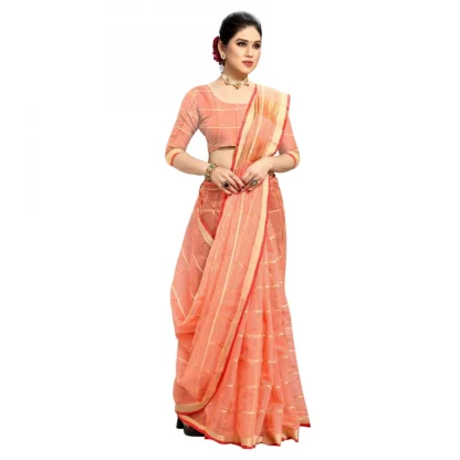 Generic Women's Kota Doria Cotton Checked Saree With Blouse (Peach, 5-6 Mtrs) - Image 2