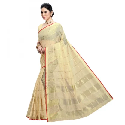 Generic Women's Kota Doria Cotton Checked Saree With Blouse (Beige, 5-6 Mtrs) - Image 4