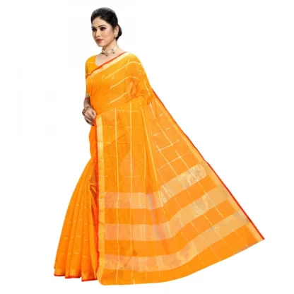 Generic Women's Kota Doria Cotton Checked Saree With Blouse (Yellow, 5-6 Mtrs) - Image 5