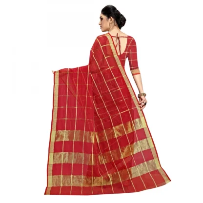 Generic Women's Kota Doria Cotton Checked Saree With Blouse (Red, 5-6 Mtrs) - Image 3