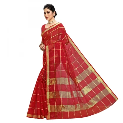 Generic Women's Kota Doria Cotton Checked Saree With Blouse (Red, 5-6 Mtrs) - Image 4