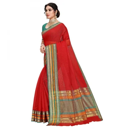 Generic Women's Kota Doria Cotton Bordered Saree With Blouse (Red, 5-6 Mtrs) - Image 4