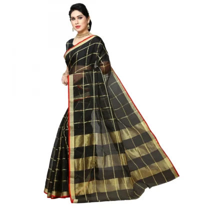 Generic Women's Kota Doria Cotton Checked Saree With Blouse (Black, 5-6 Mtrs) - Image 5