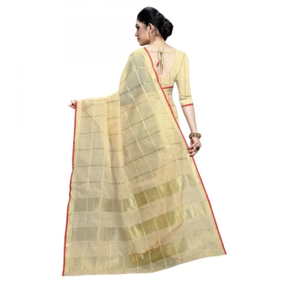 Generic Women's Kota Doria Cotton Checked Saree With Blouse (Beige, 5-6 Mtrs) - Image 2