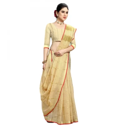 Generic Women's Kota Doria Cotton Checked Saree With Blouse (Beige, 5-6 Mtrs) - Image 3