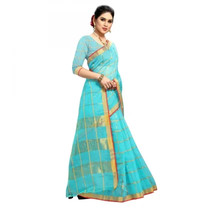 Generic Women's Kota Doria Cotton Checked Saree With Blouse (Sky Blue, 5-6 Mtrs) - Image 5